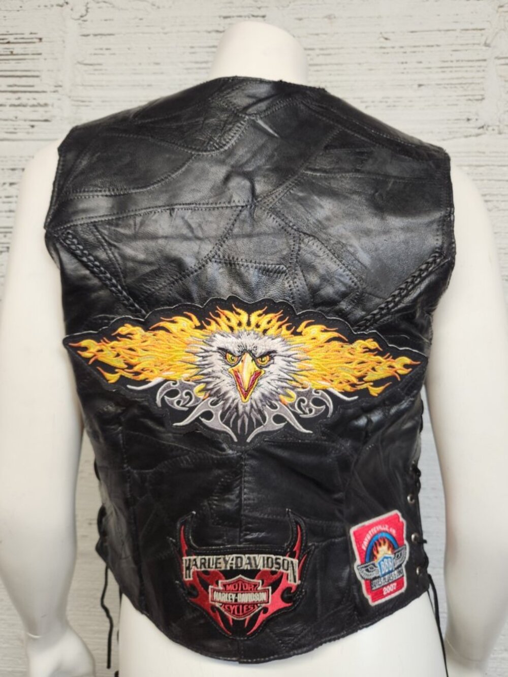 Italian Stone Design Leather Navarre Biker Vest M/ Harley Davidson Embroidered